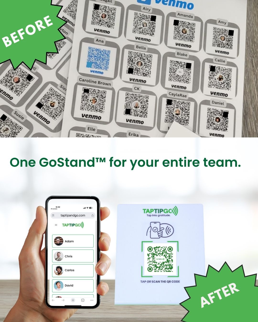 Comparison of Venmo QR codes with a smartphone app and TaptipGO QR code on a card.