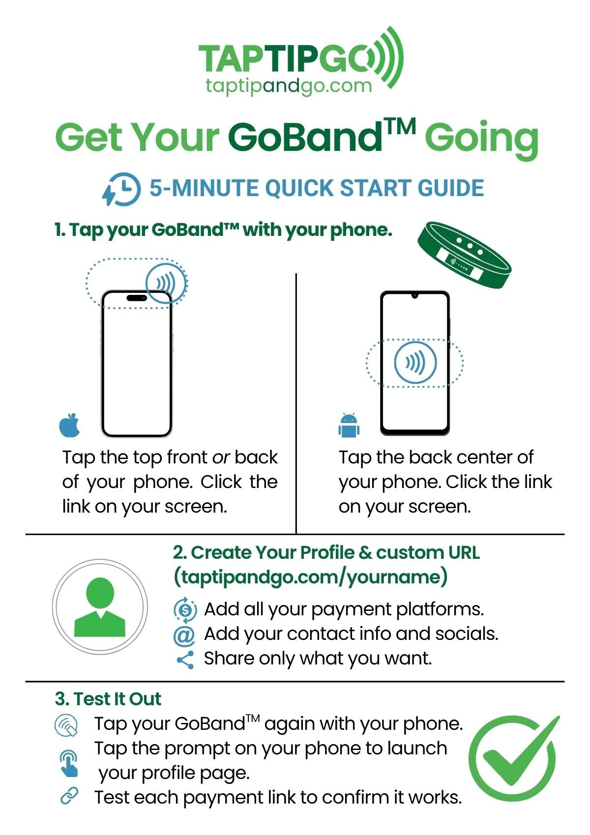 Quick start guide for Taptip GoBand with step-by-step instructions and Taptip Go logo.