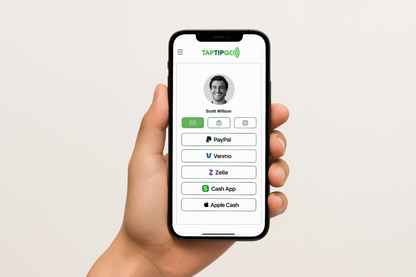 Phone view of TapTipGo app for NFC cashless tipping platform for GoBand